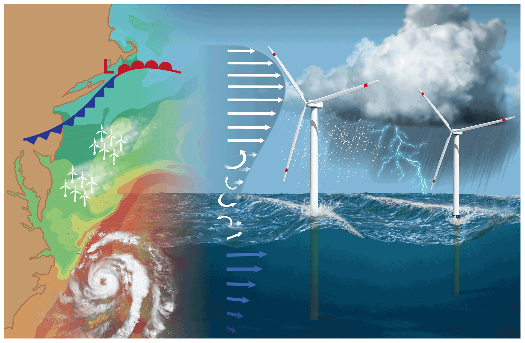 Image shows a depiction of wind turbines, a hurricane, wind, and a storm generating rain and lightning over turbines in the the ocean