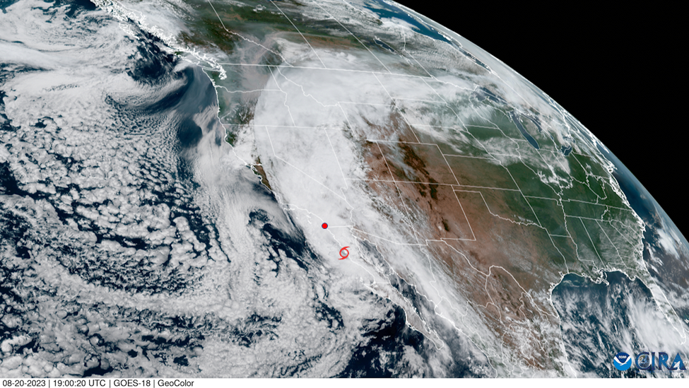 A satellite image shows Tropical Storm Hilary over Baja California as it approaches Southern California. The EPCAPE site in La Jolla, California, is denoted as well.