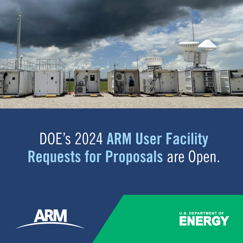 Picture of ARM Mobile Facility used during TRACER field campaign near Houston, Texas, with the words "DOE's 2024 ARM User Facility Requests for Proposals are Open."