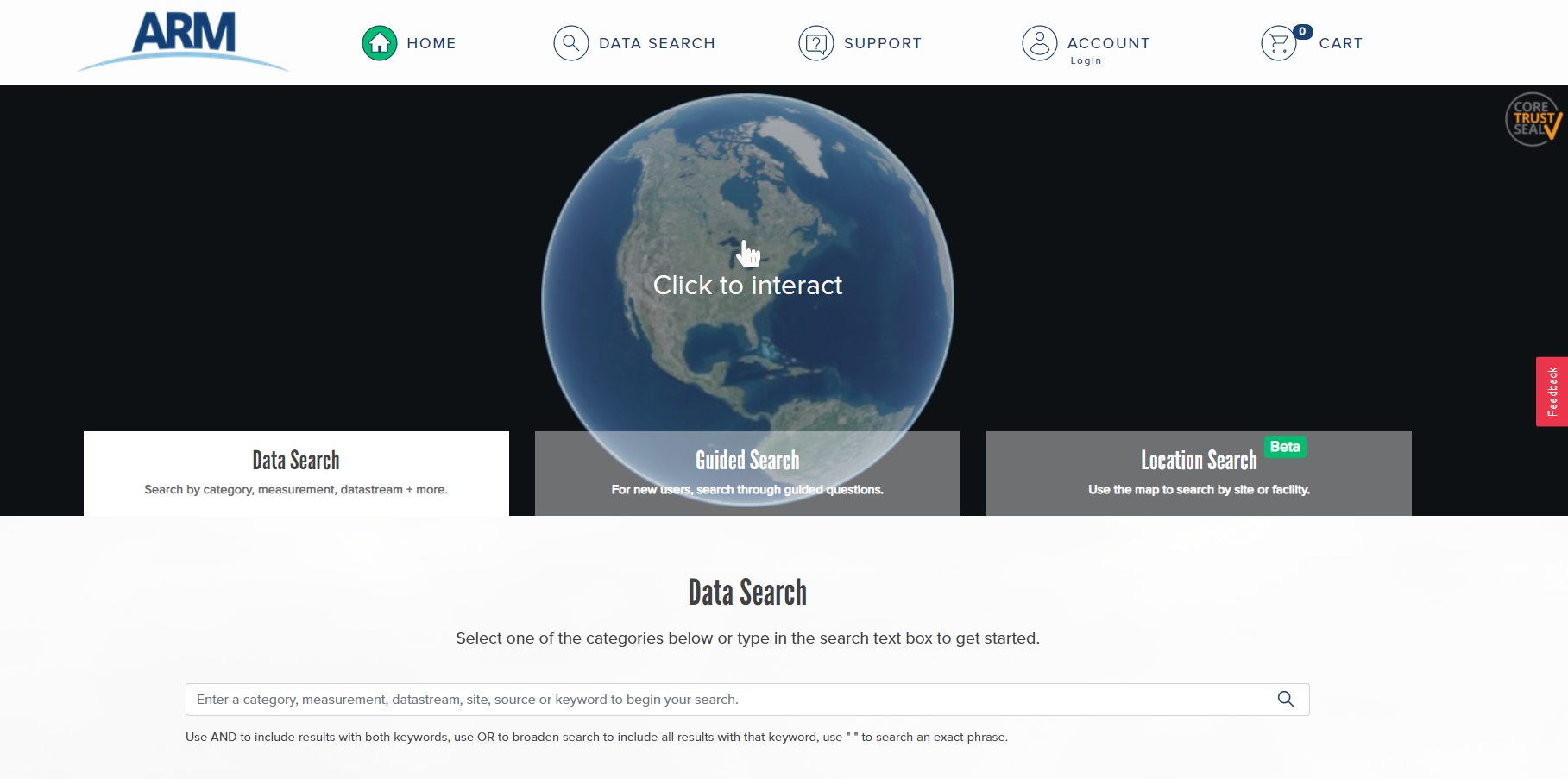 Screenshot of ARM Data Discovery home page shows navigation icons, data search tabs, and a search bar. A clickable image of the world is between the navigation menu and the data search tabs.