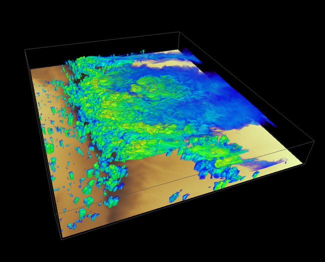 A reflectivity rendering shows dark brown representing the highest terrain. The warmest colors in the rendering, representing the reflectivity, occur closer to the highest terrain.