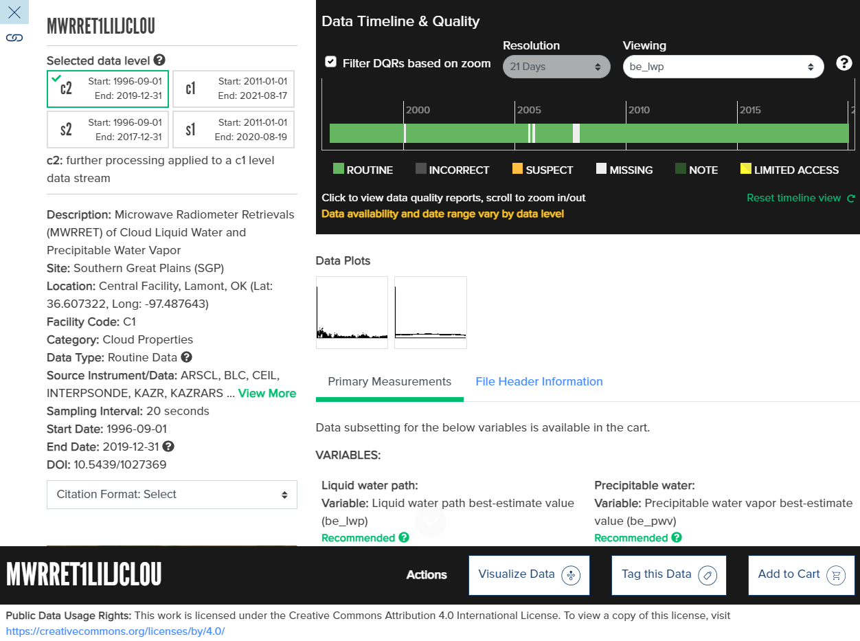 Screenshot shows the data details page for the mwrret1liljclou datastream from the Southern Great Plains Central Facility