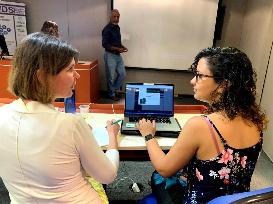 Working on a computer during a data workshop in Brazil
